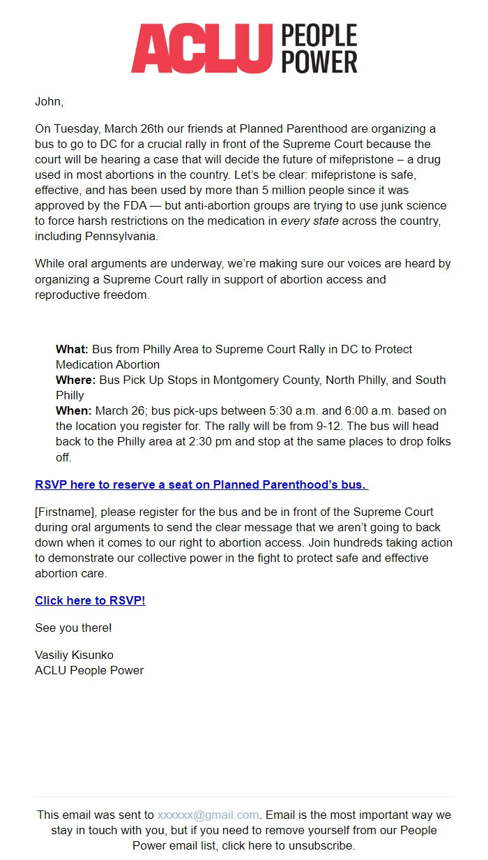 Screenshot of the email generated on import