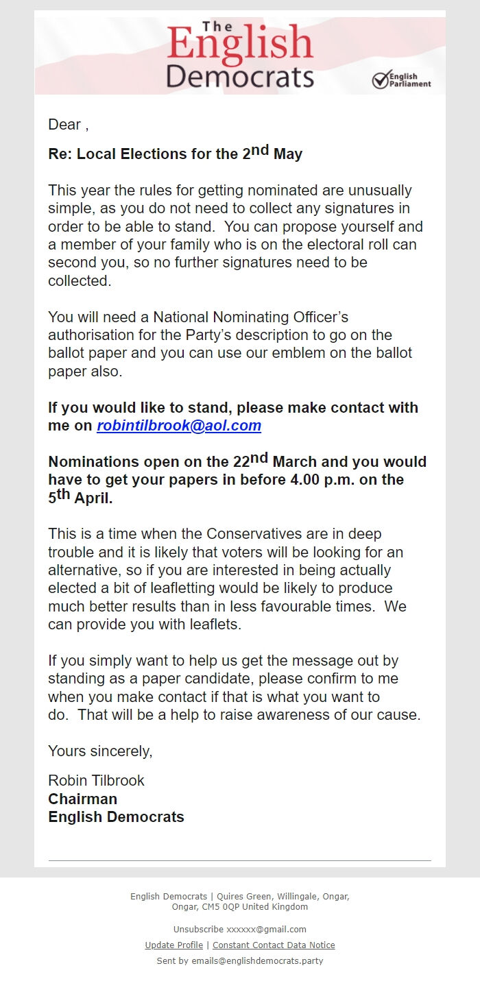 Screenshot of the email generated on import