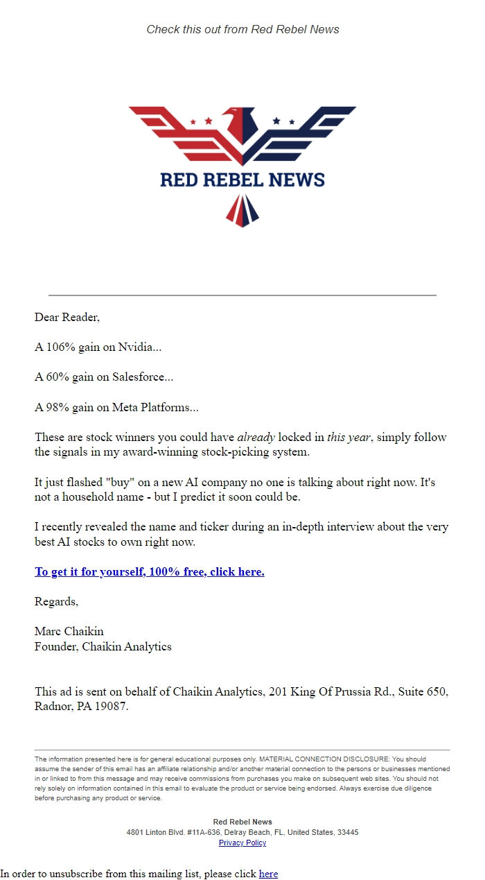 Screenshot of the email generated on import