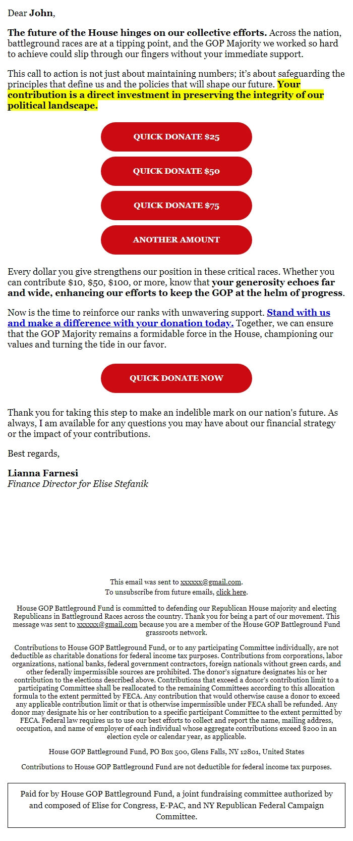 Screenshot of the email generated on import