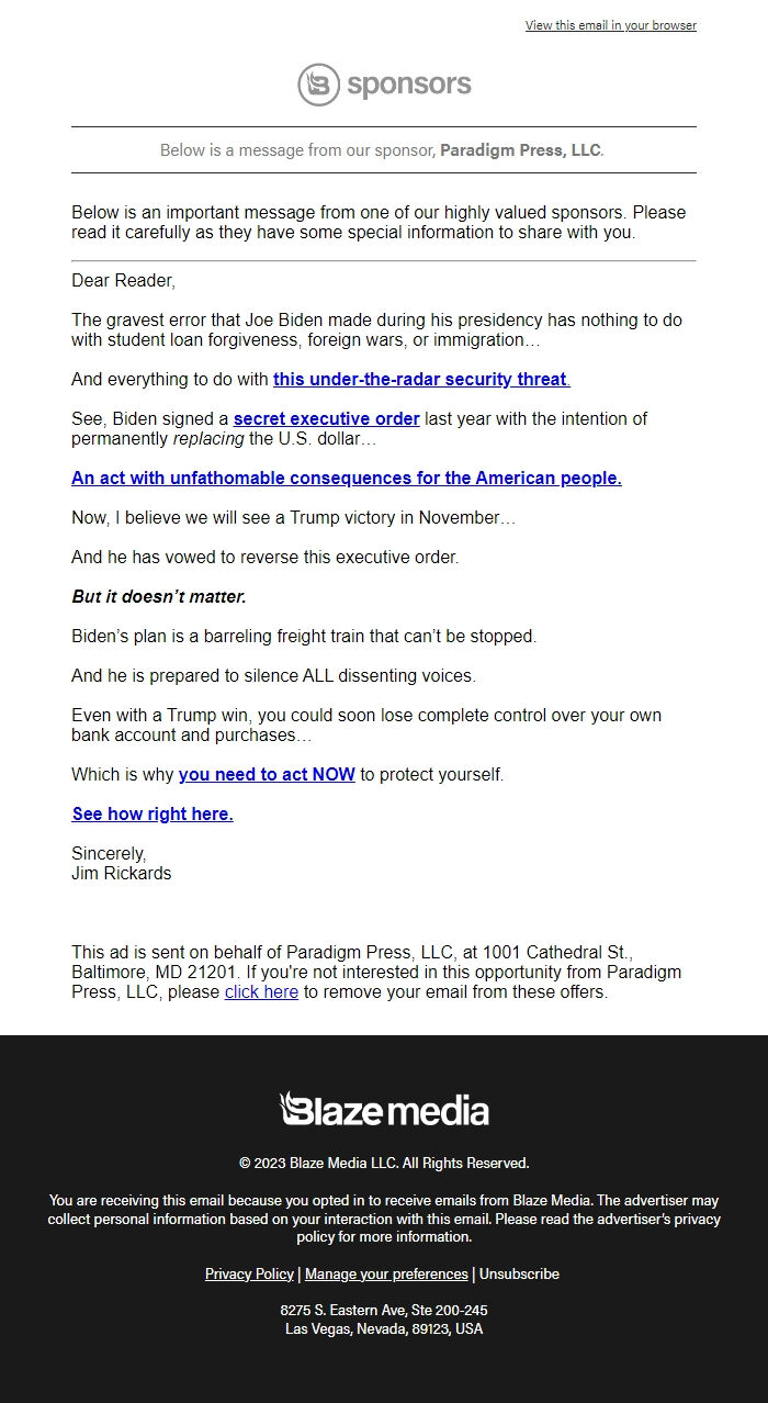 Screenshot of the email generated on import