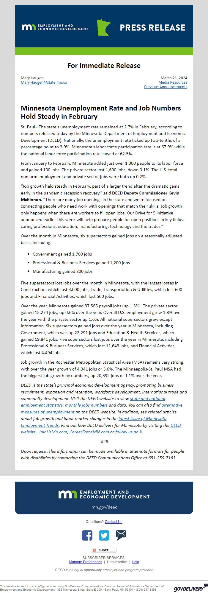 Screenshot of the email generated on import