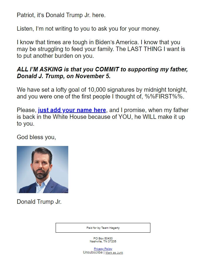 Screenshot of the email generated on import