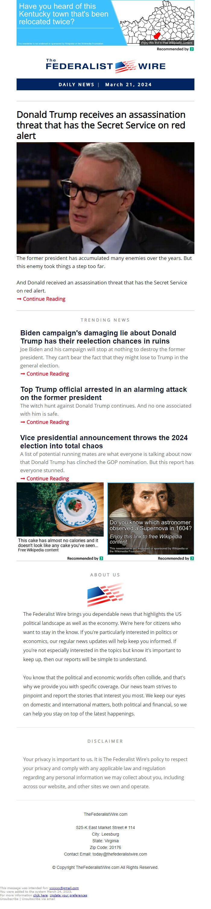 Screenshot of the email generated on import