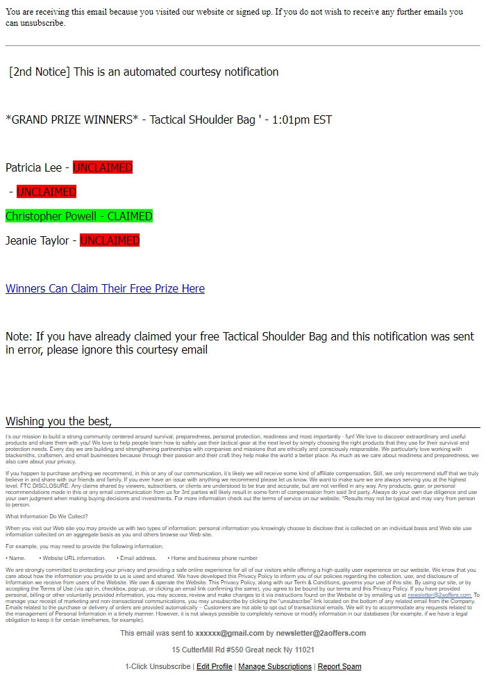 Screenshot of the email generated on import