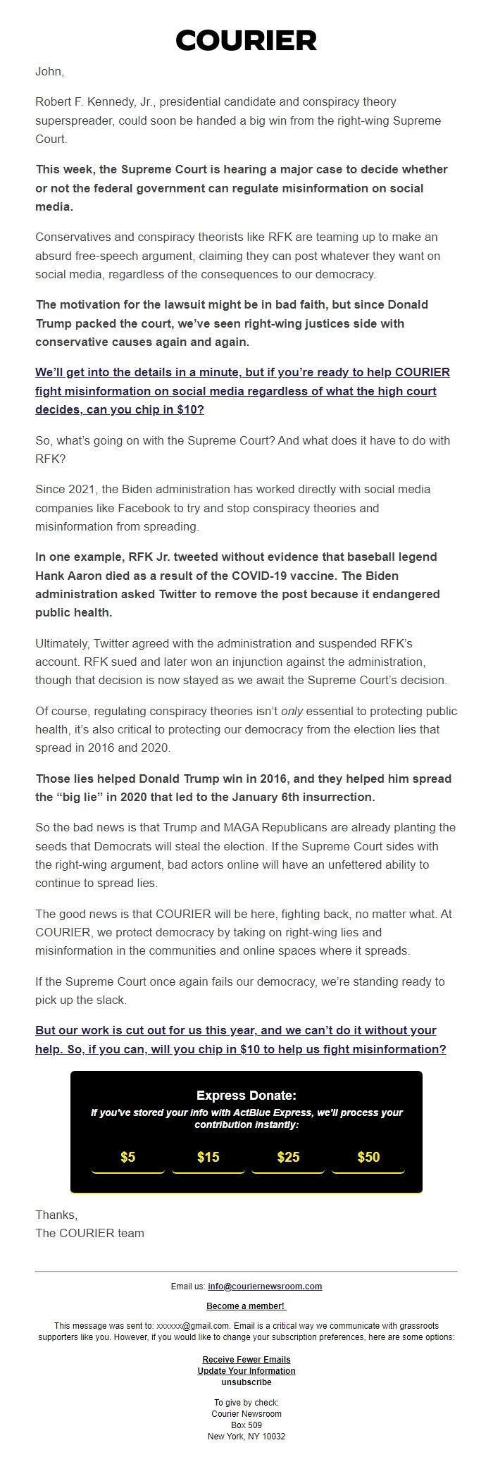 Screenshot of the email generated on import