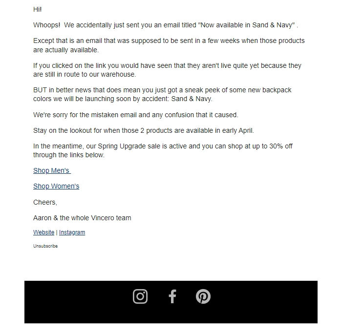 Screenshot of the email generated on import