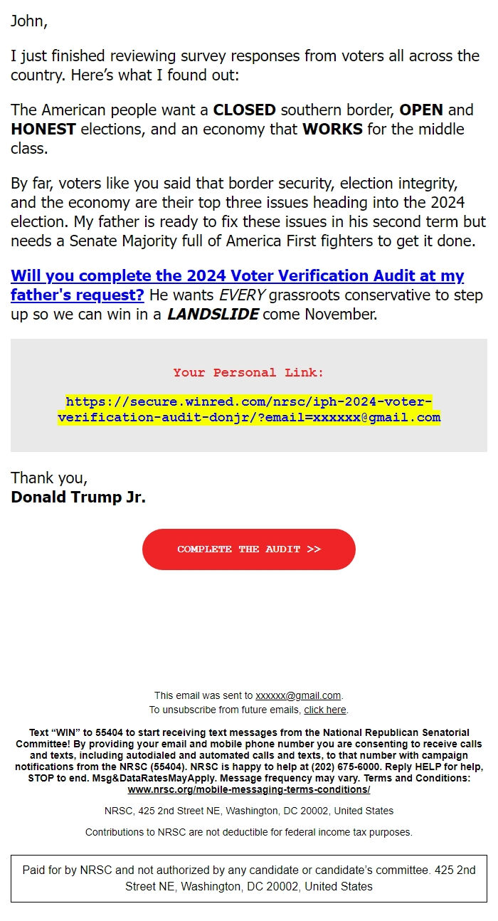 Screenshot of the email generated on import