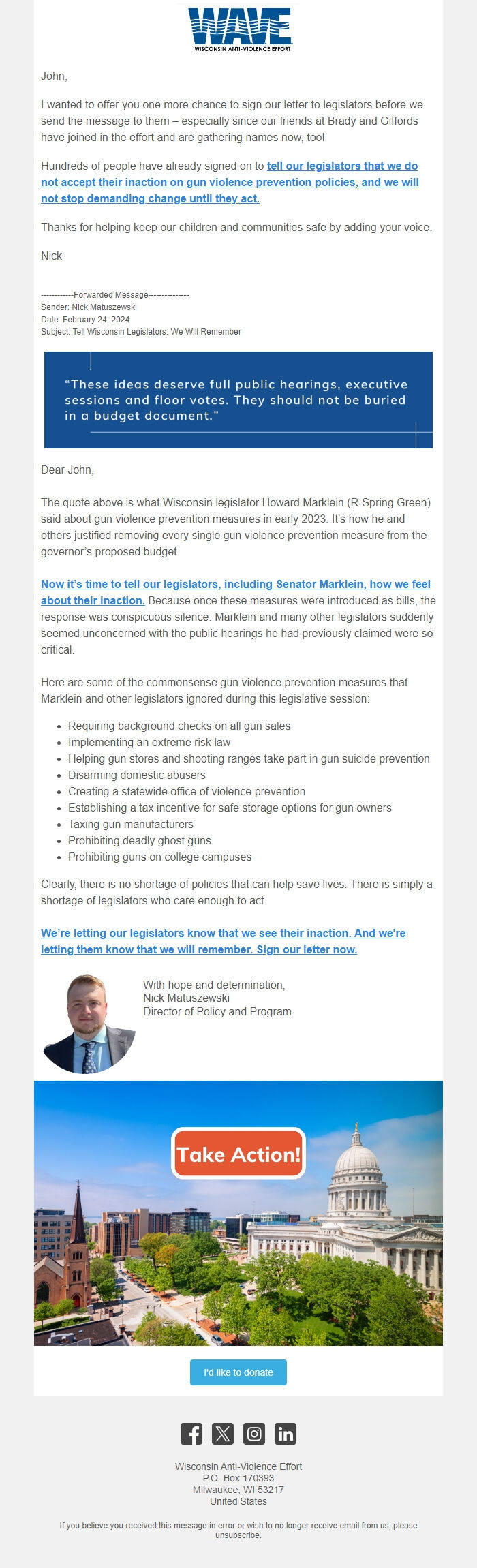 Screenshot of the email generated on import