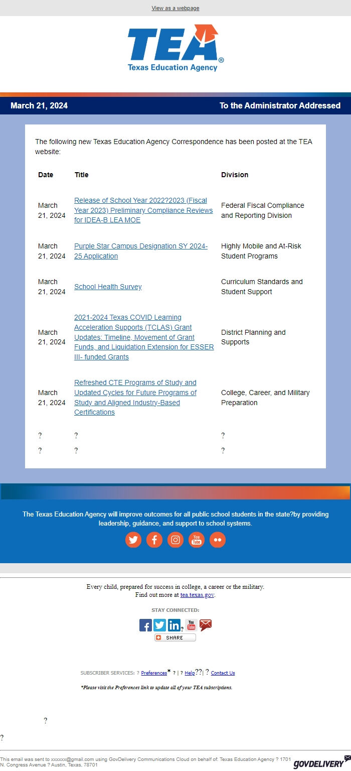 Screenshot of the email generated on import