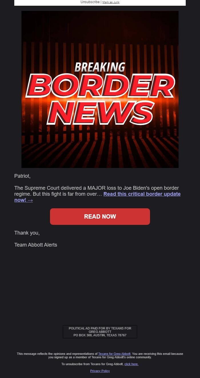 Screenshot of the email generated on import