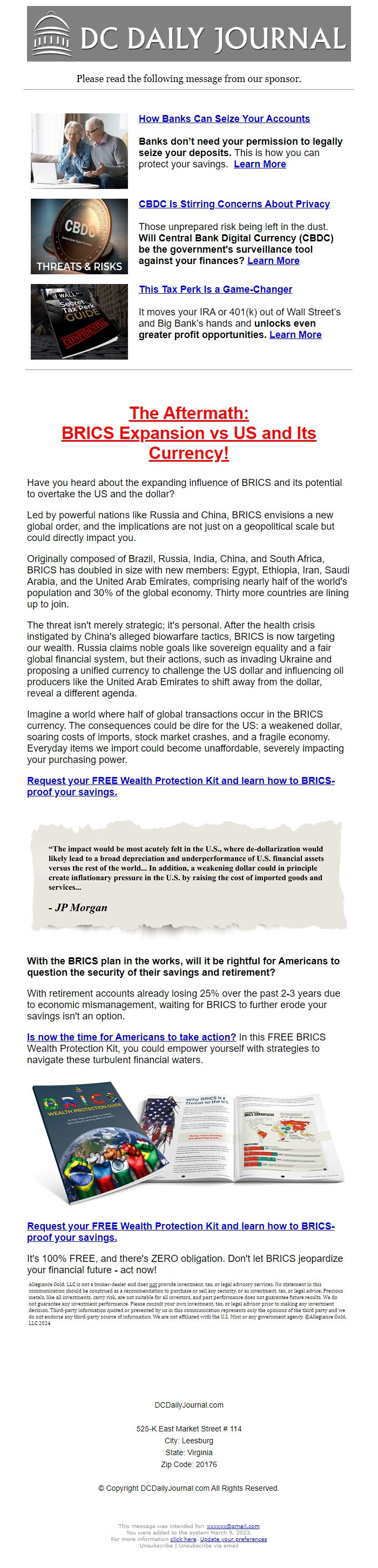 Screenshot of the email generated on import