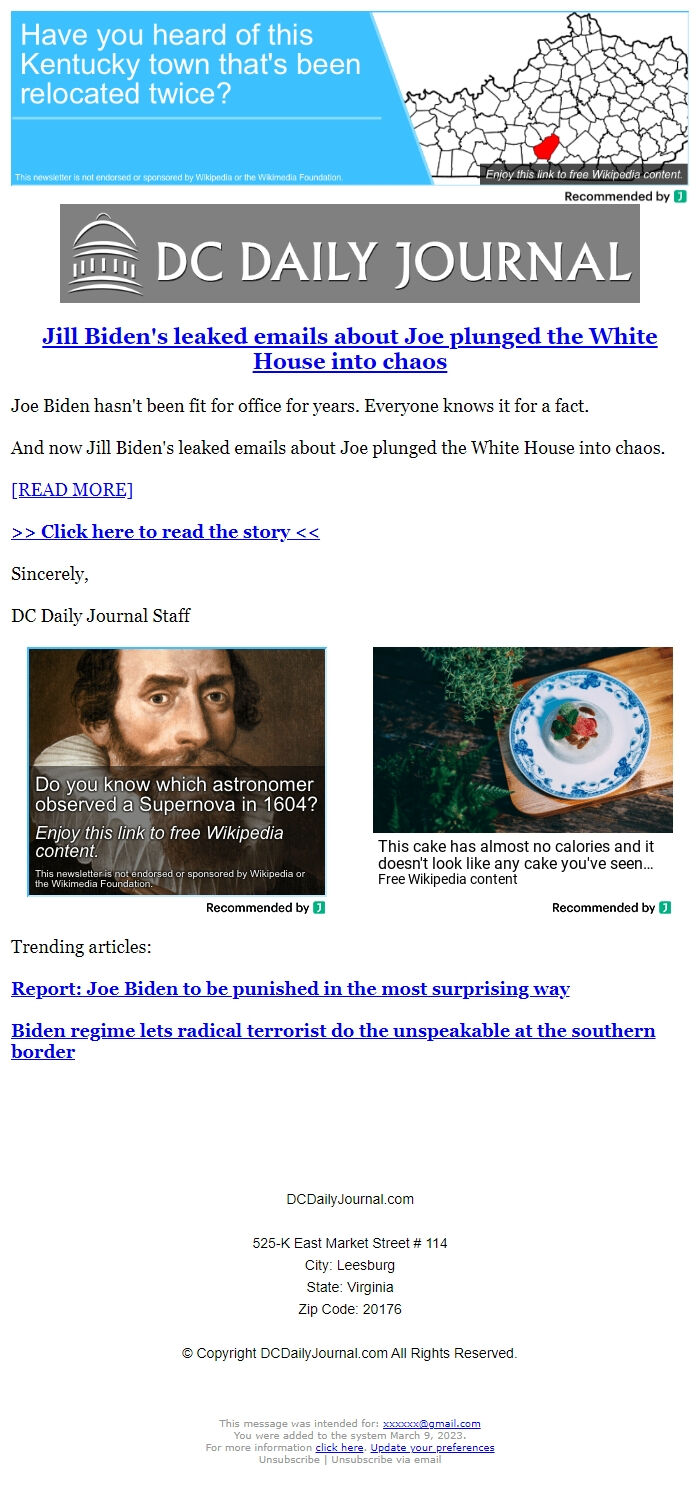 Screenshot of the email generated on import
