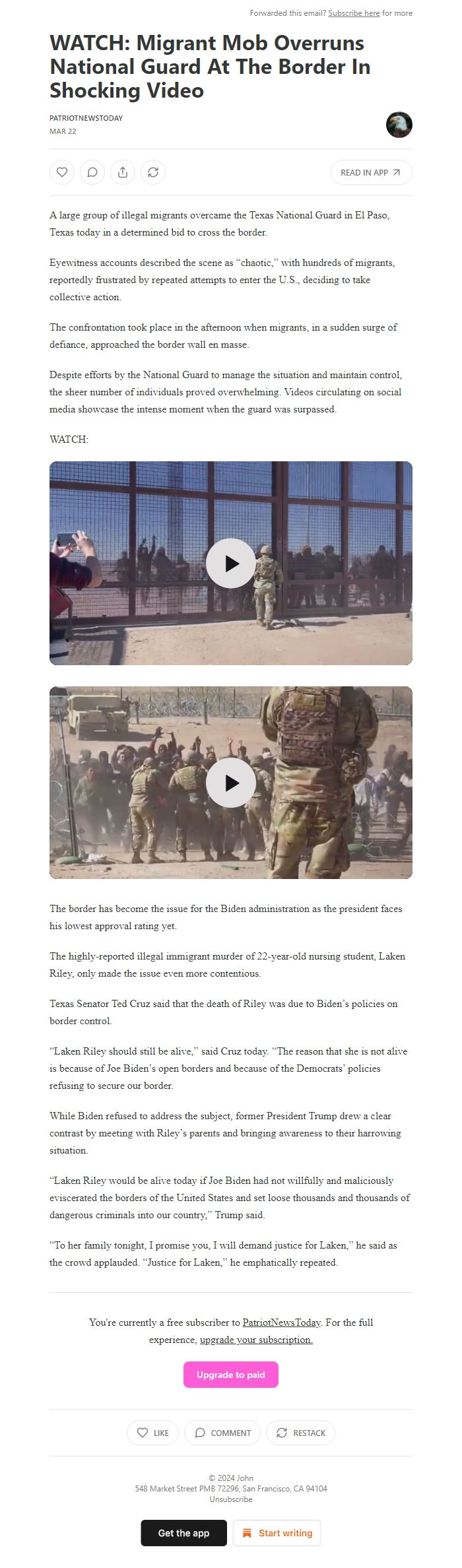 Screenshot of the email generated on import