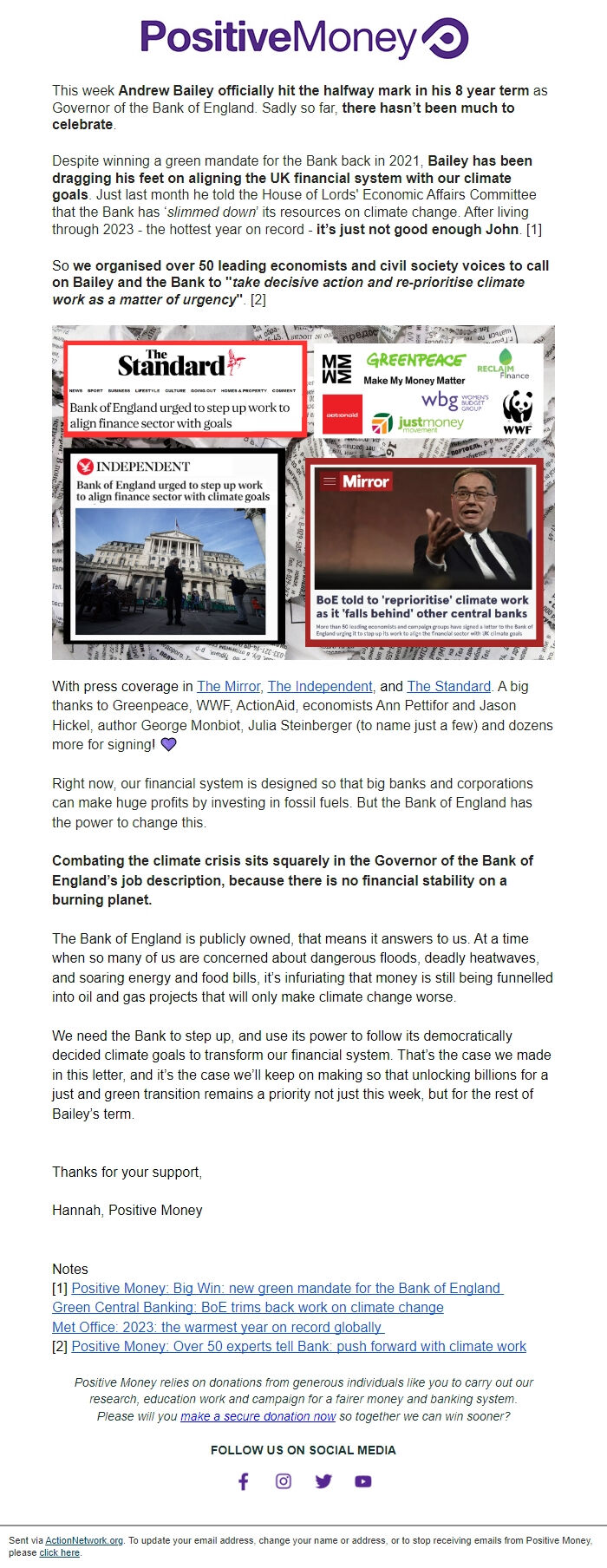 Screenshot of the email generated on import