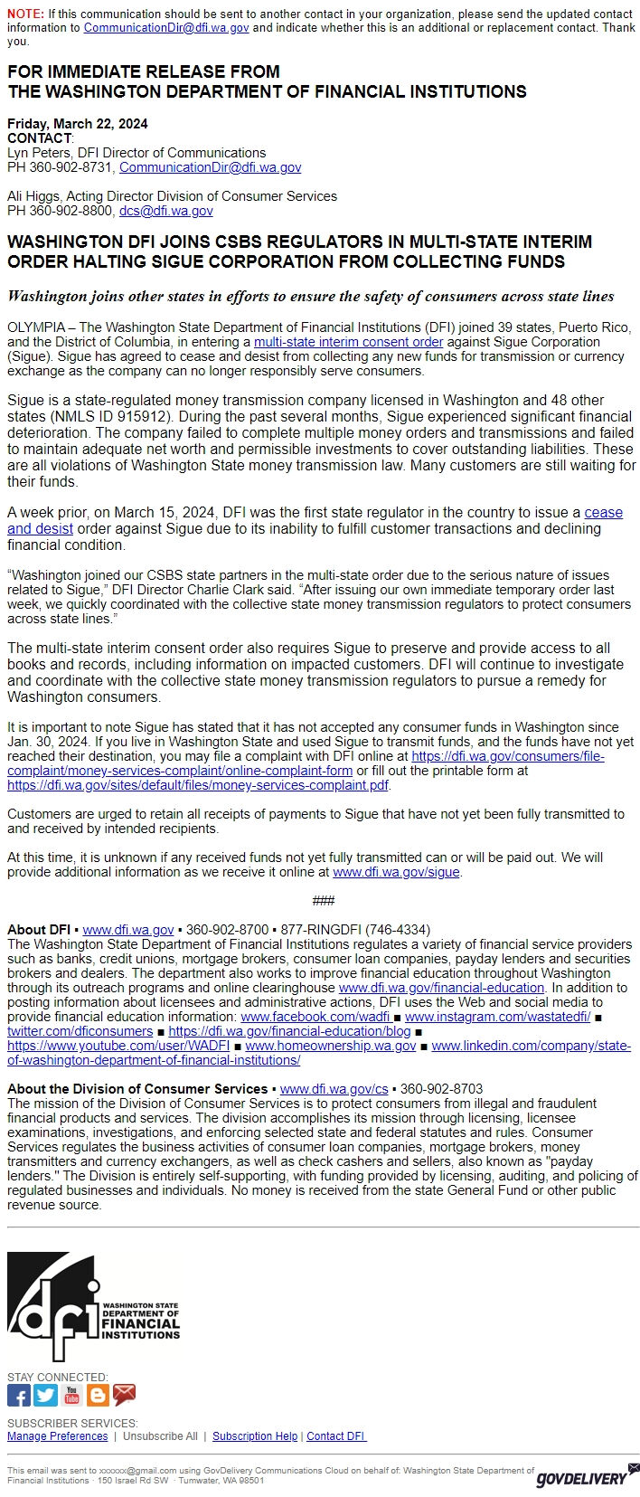 Screenshot of the email generated on import