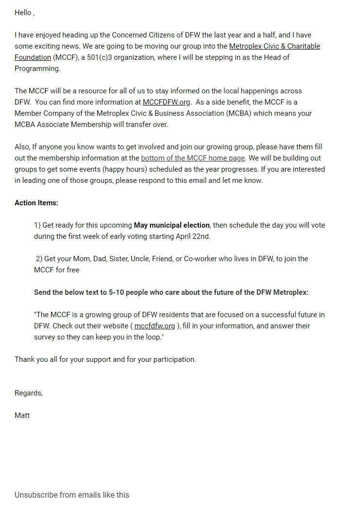 Screenshot of the email generated on import