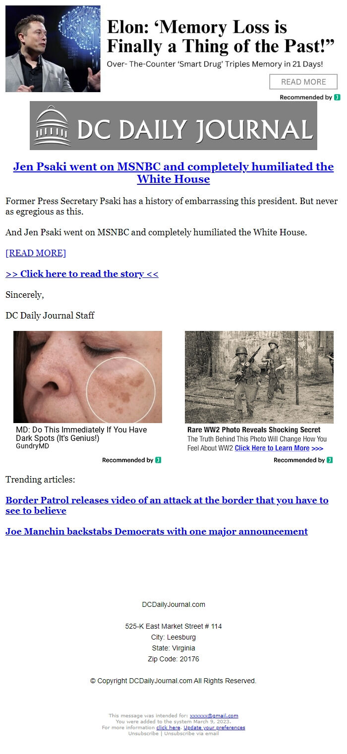 Screenshot of the email generated on import