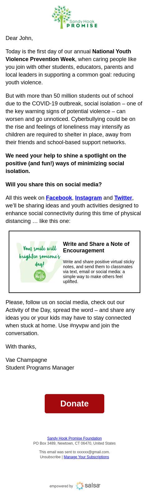 Screenshot of the email generated on import