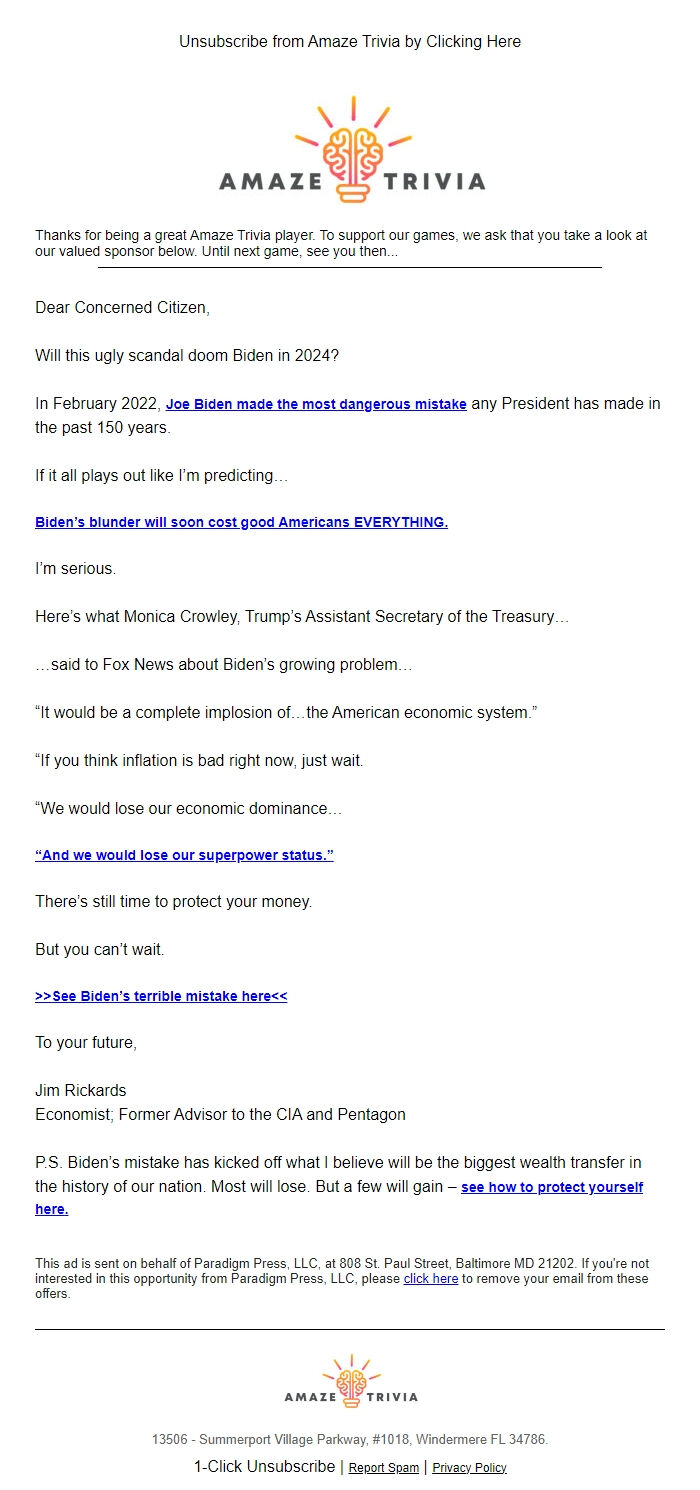 Screenshot of the email generated on import