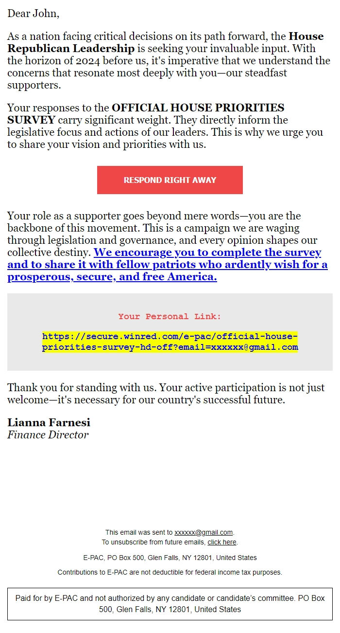 Screenshot of the email generated on import