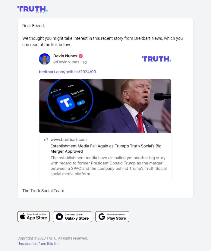 Screenshot of the email generated on import