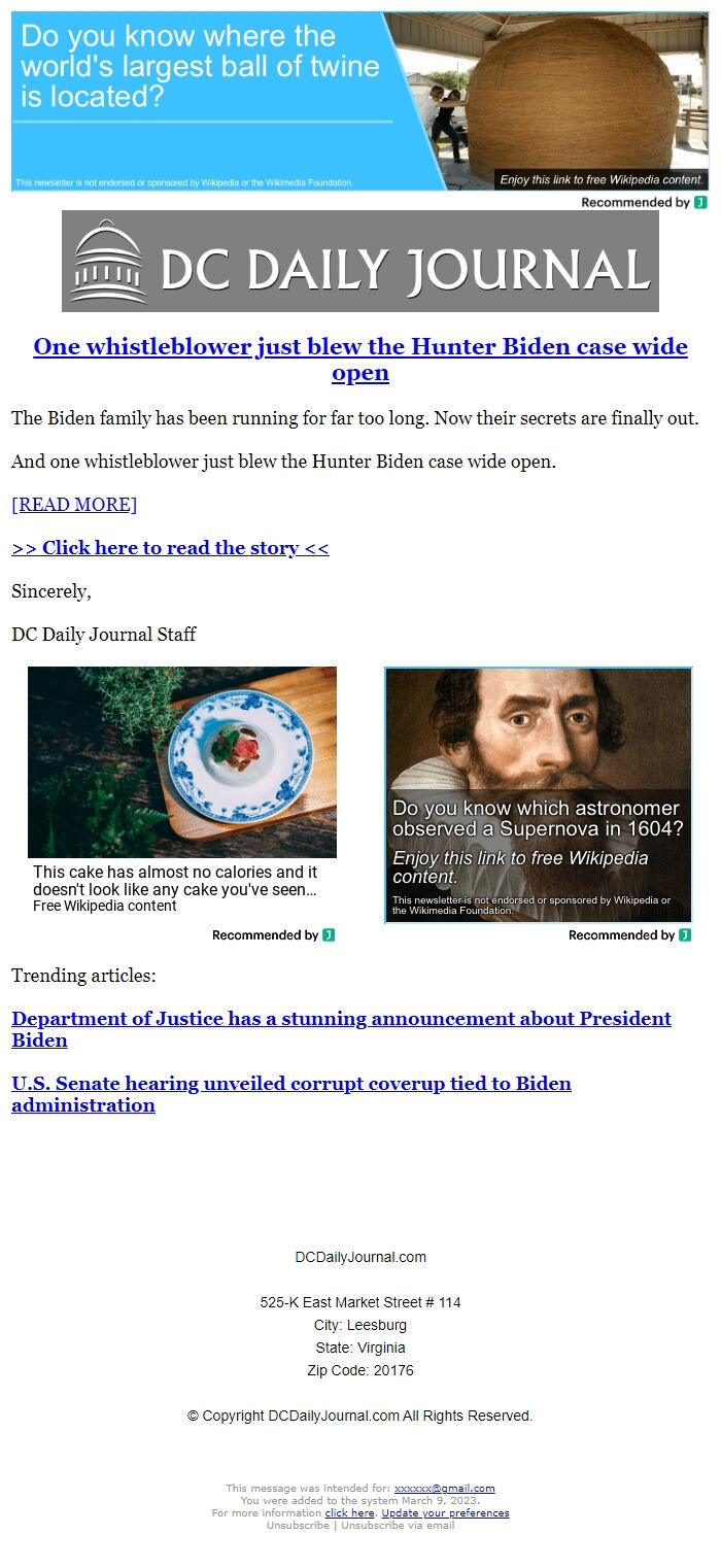 Screenshot of the email generated on import