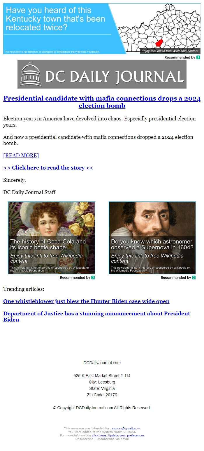 Screenshot of the email generated on import