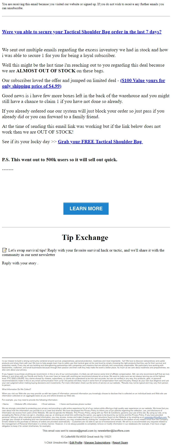 Screenshot of the email generated on import