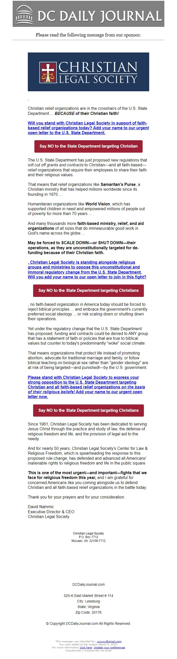 Screenshot of the email generated on import