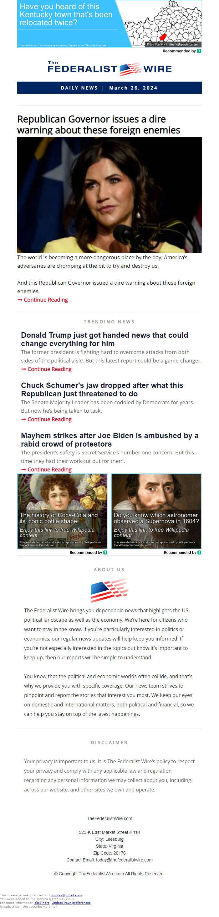 Screenshot of the email generated on import