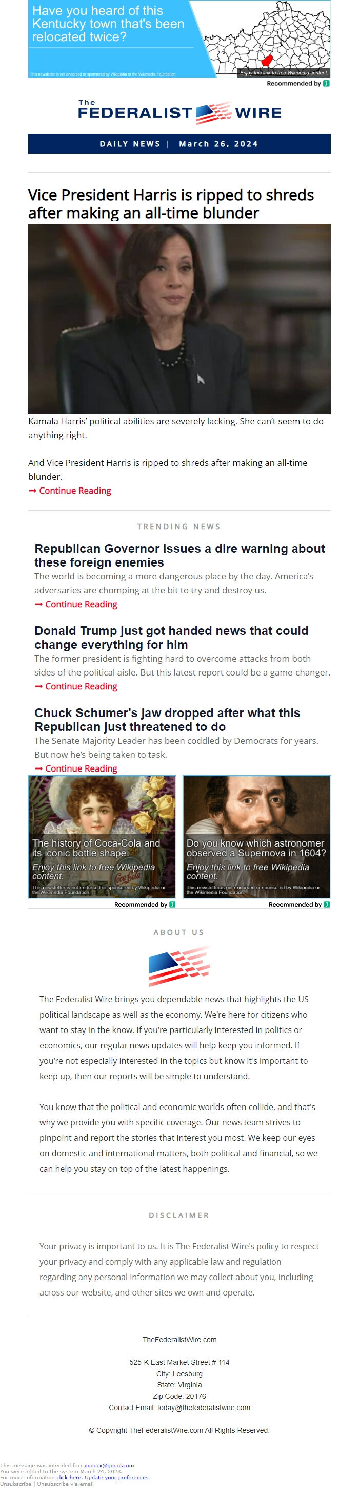 Screenshot of the email generated on import