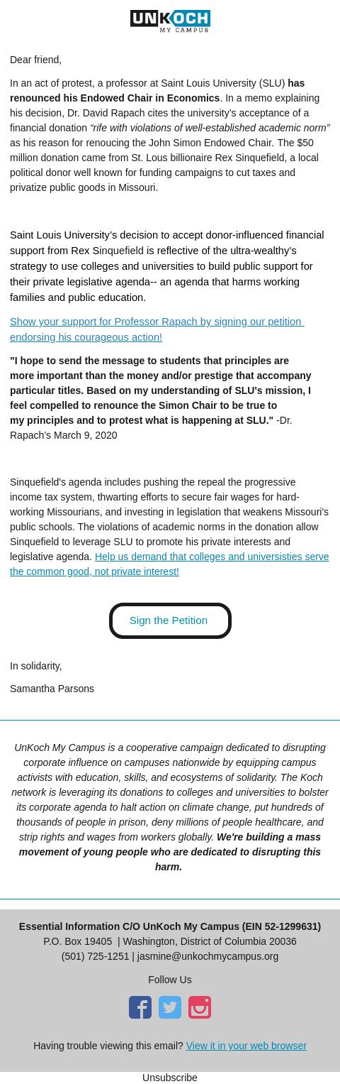 Screenshot of the email generated on import