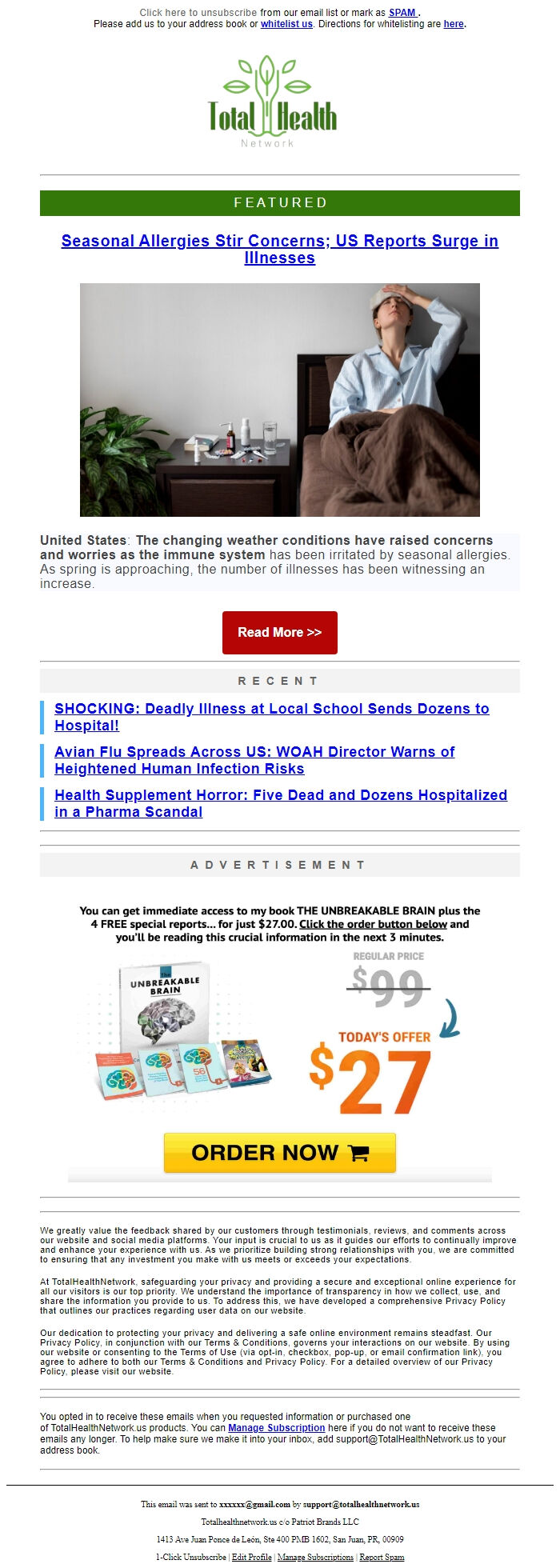 Screenshot of the email generated on import