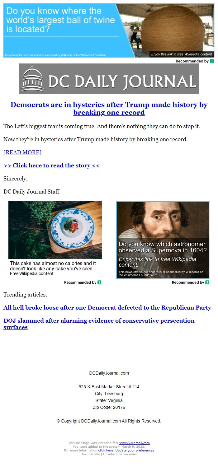 Screenshot of the email generated on import