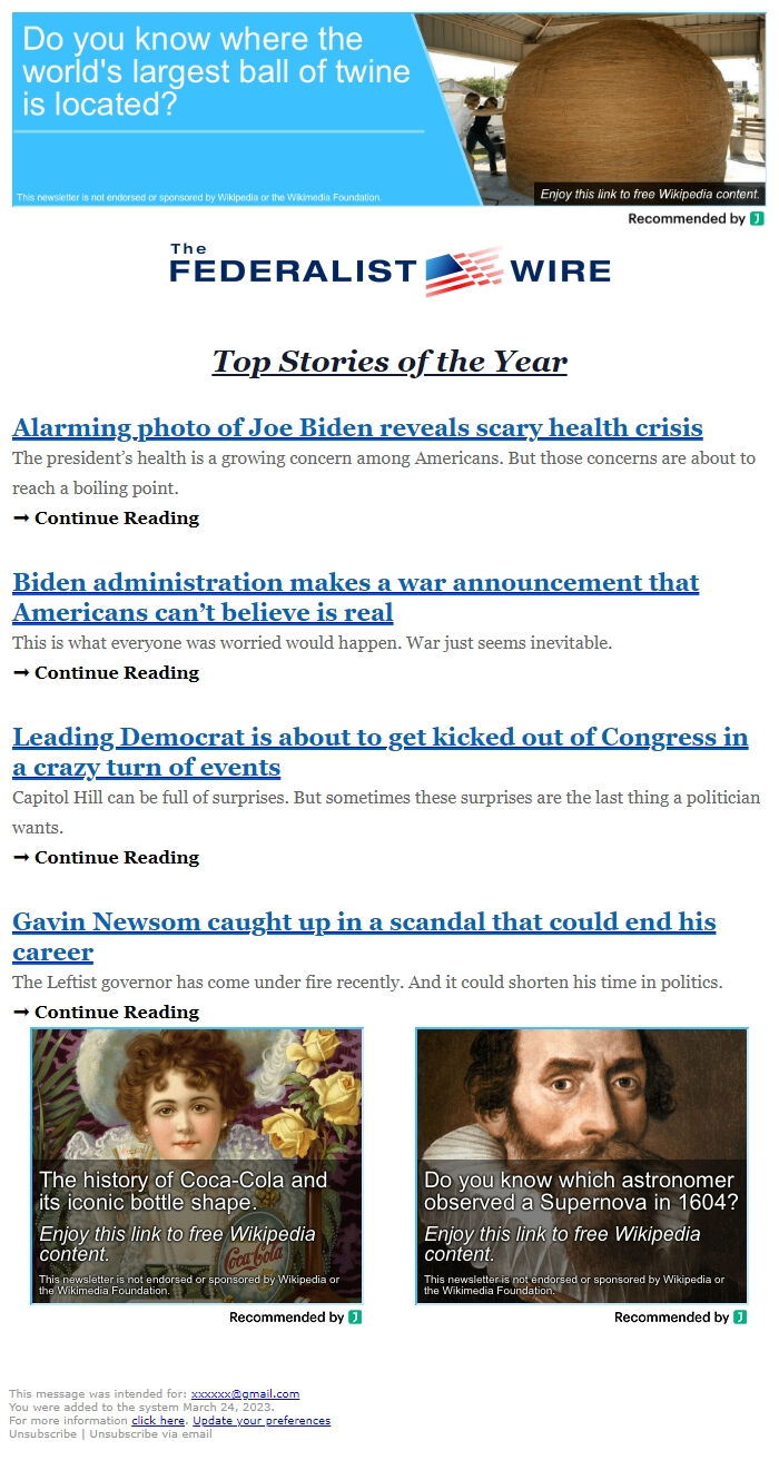 Screenshot of the email generated on import