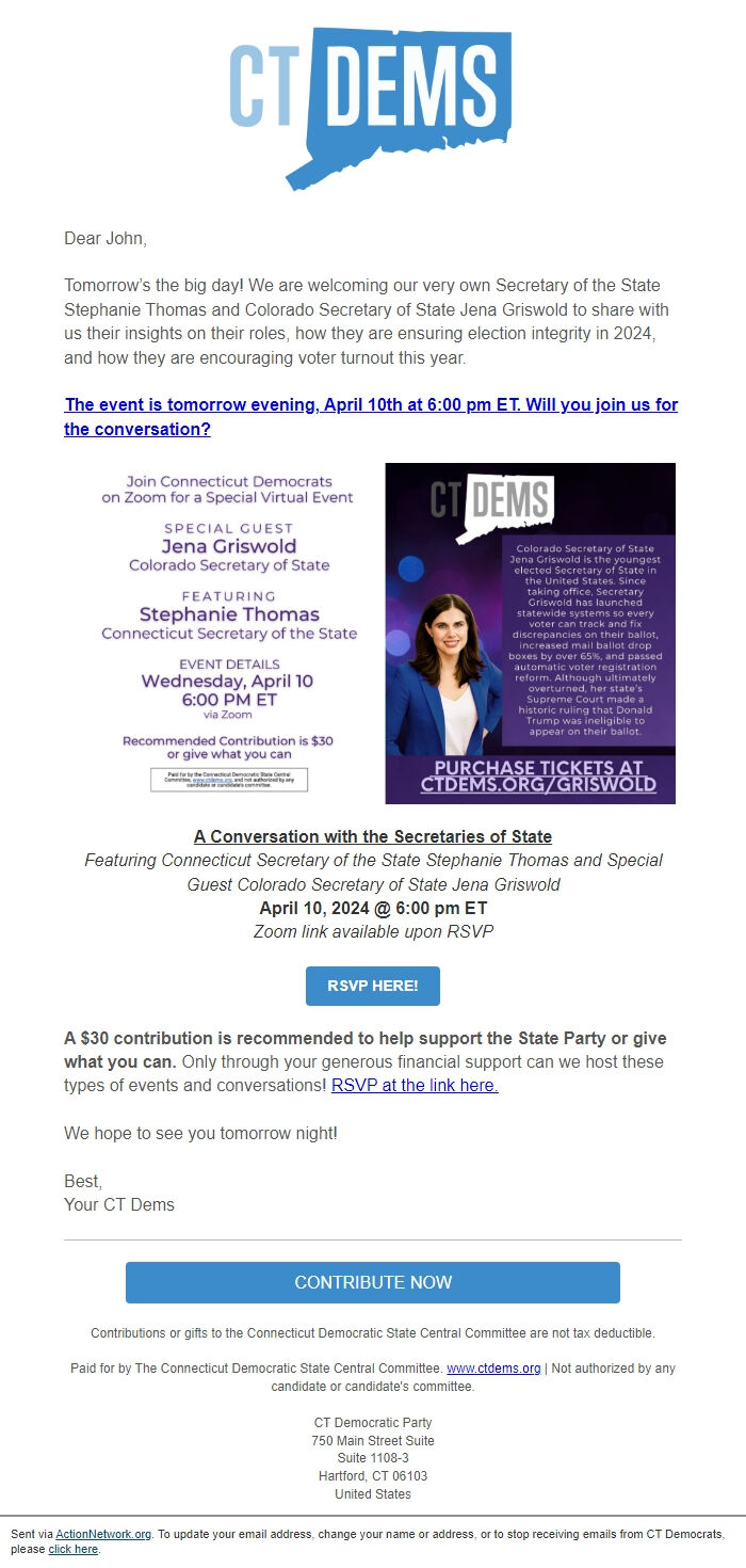 Screenshot of the email generated on import