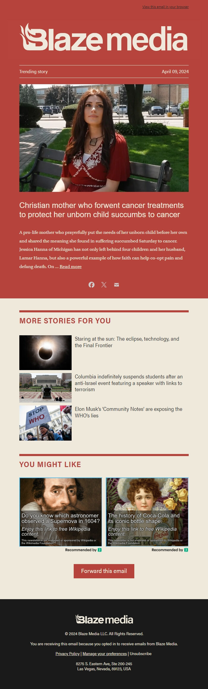 Screenshot of the email generated on import