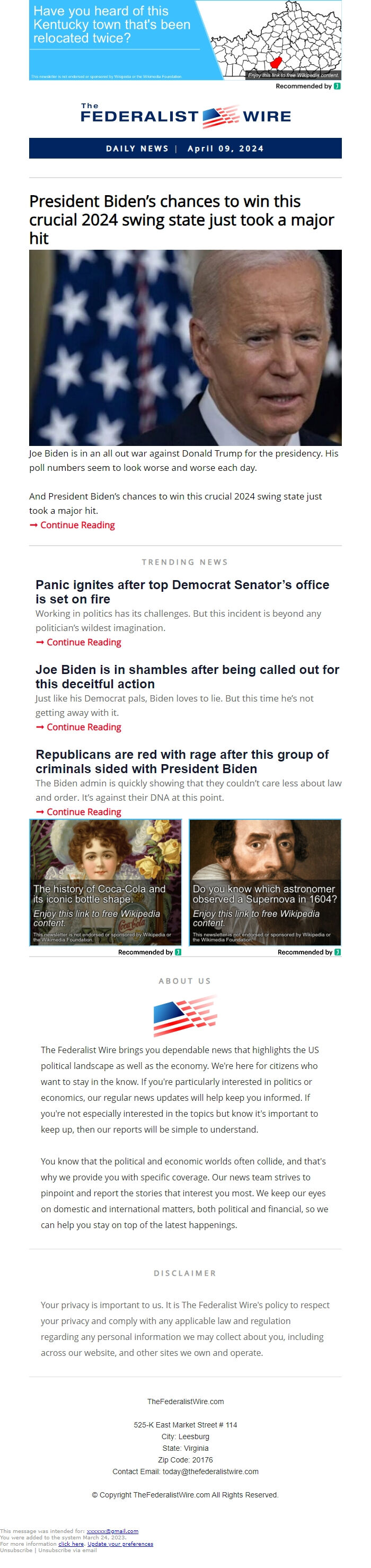 Screenshot of the email generated on import