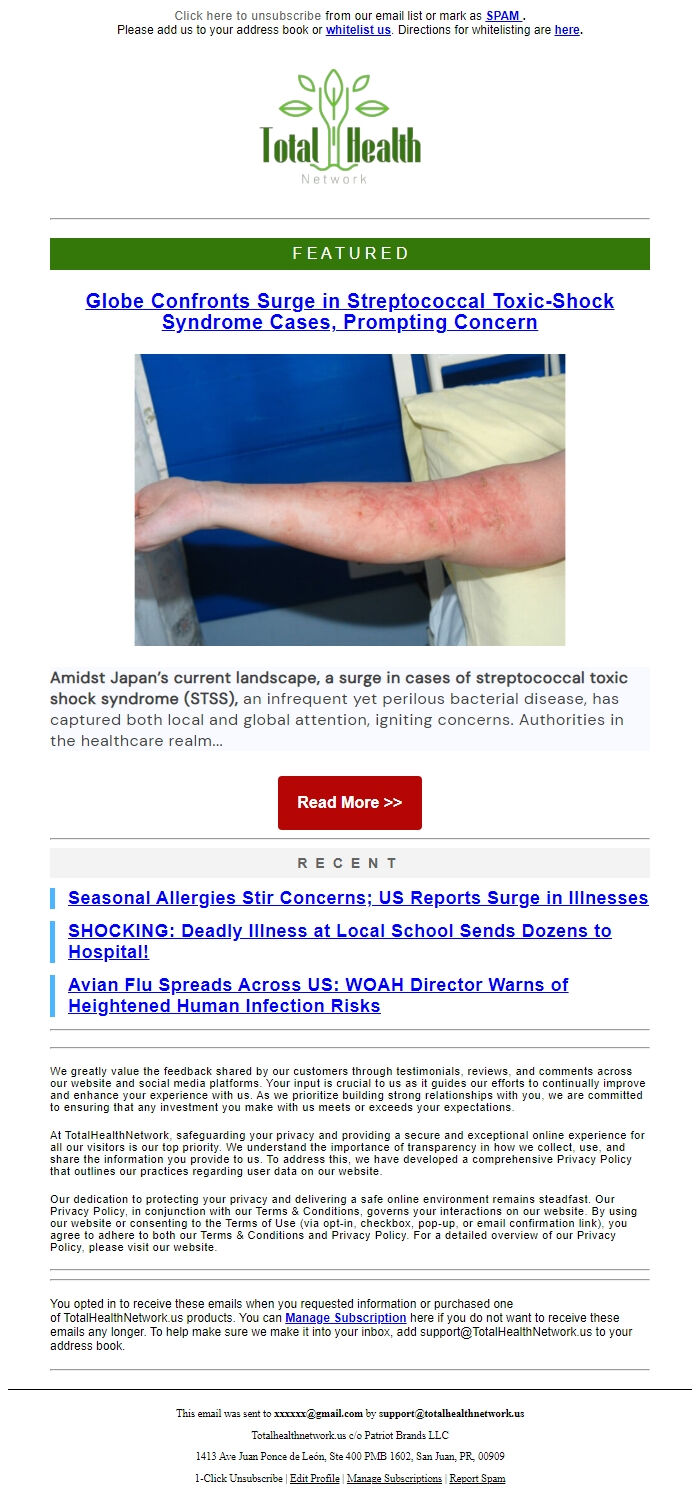 Screenshot of the email generated on import