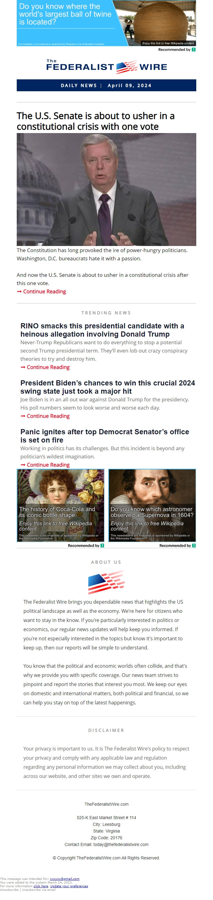 Screenshot of the email generated on import