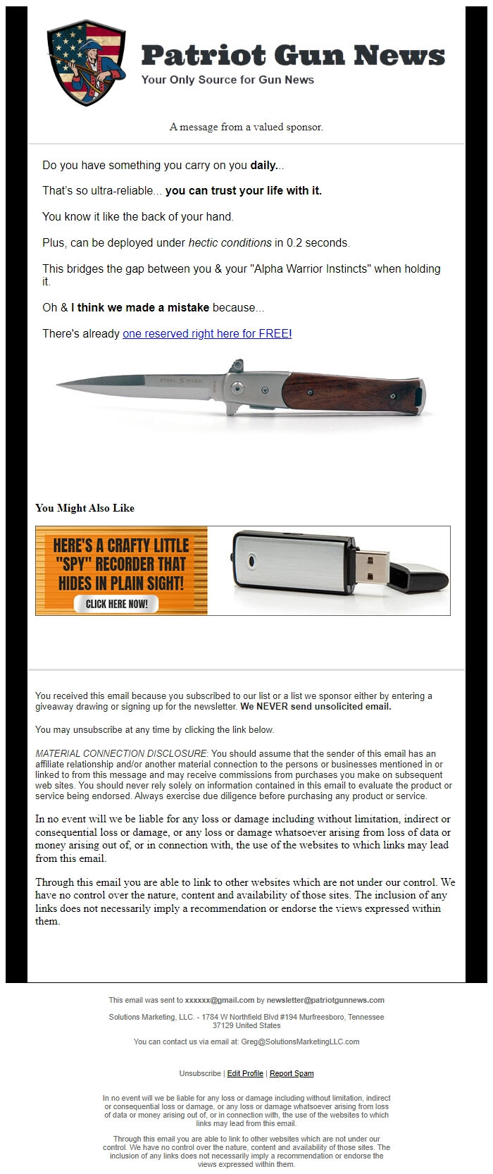 Screenshot of the email generated on import