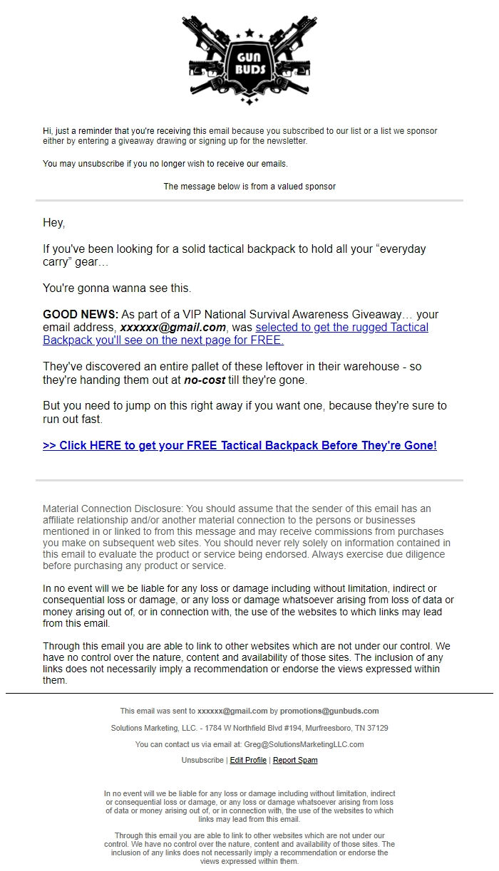 Screenshot of the email generated on import