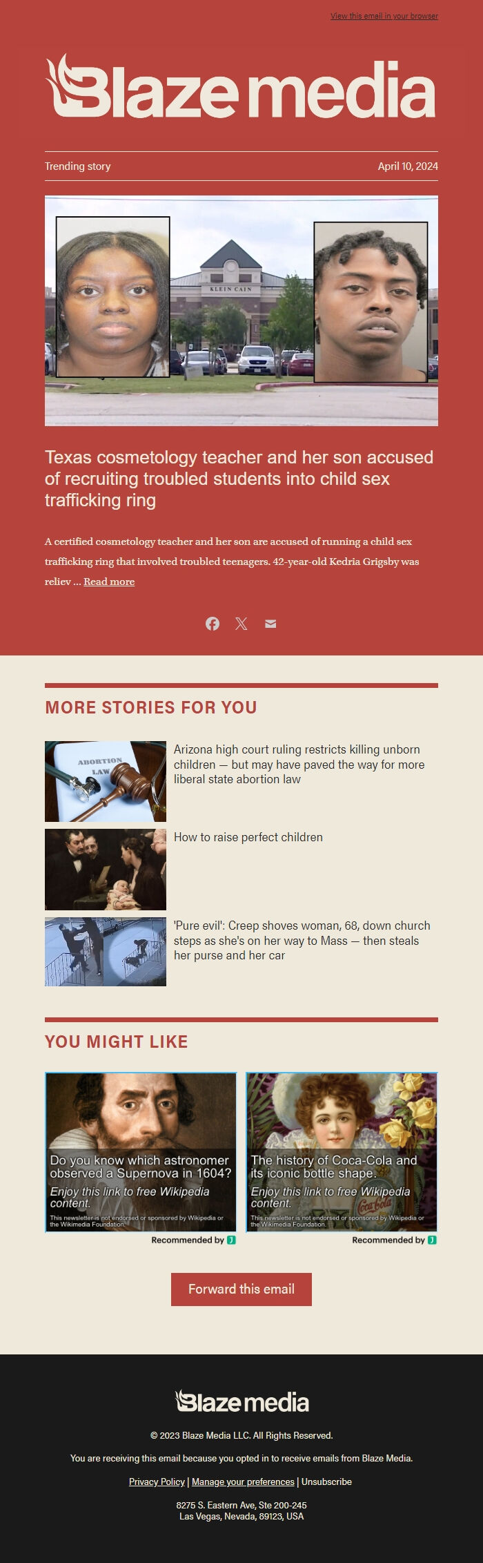 Screenshot of the email generated on import