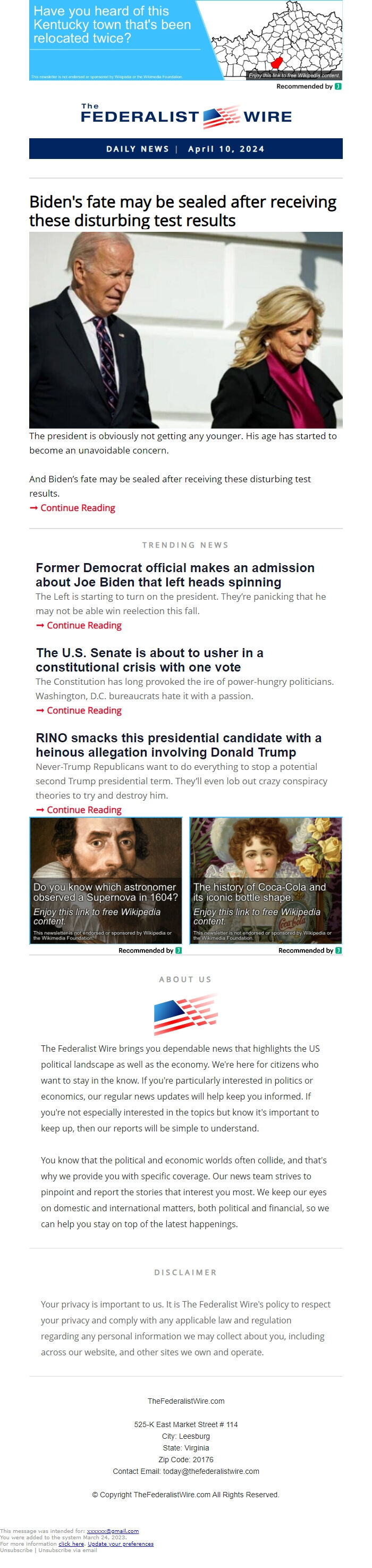 Screenshot of the email generated on import