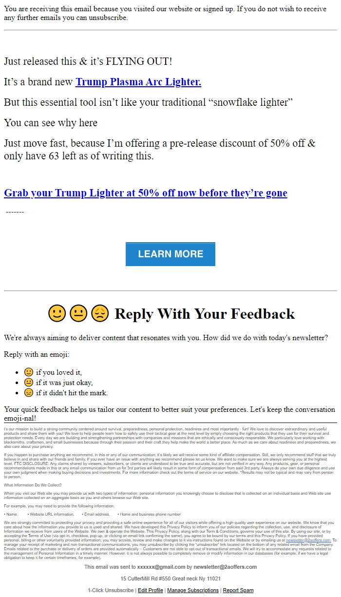 Screenshot of the email generated on import