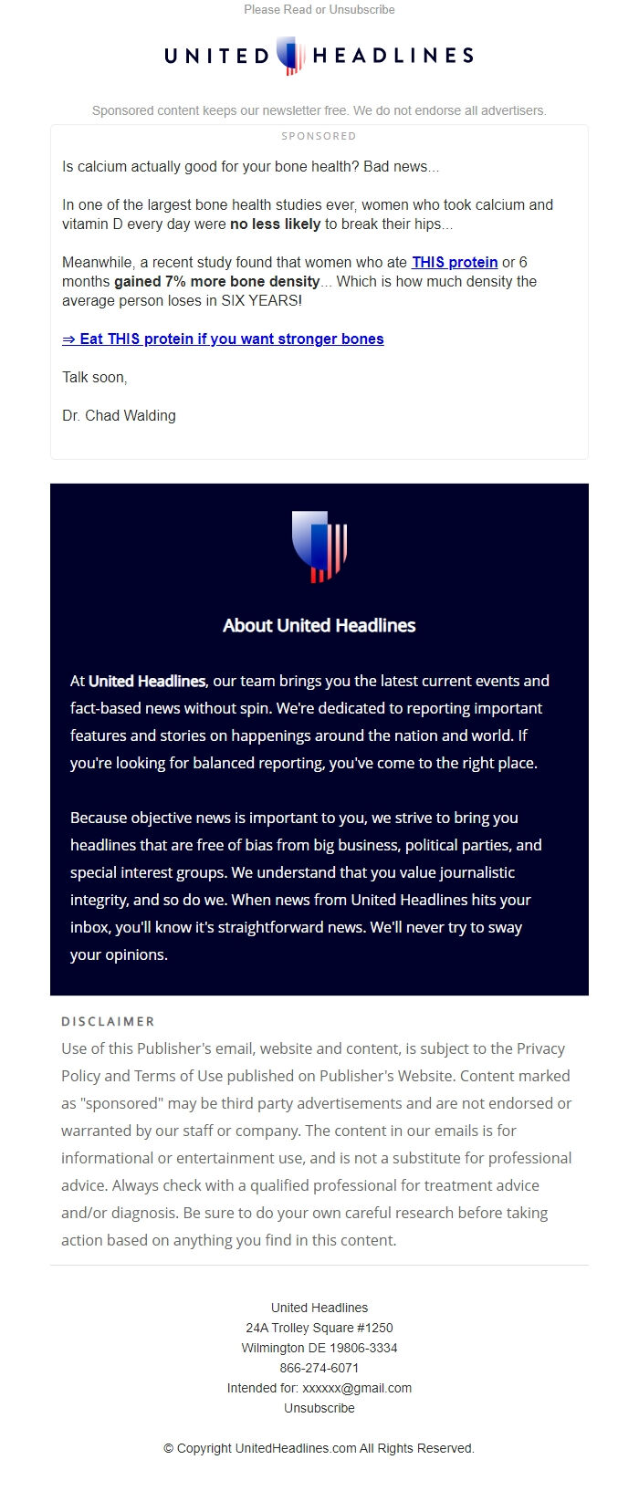 Screenshot of the email generated on import