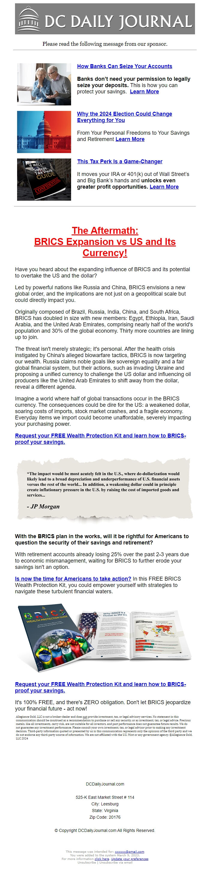 Screenshot of the email generated on import