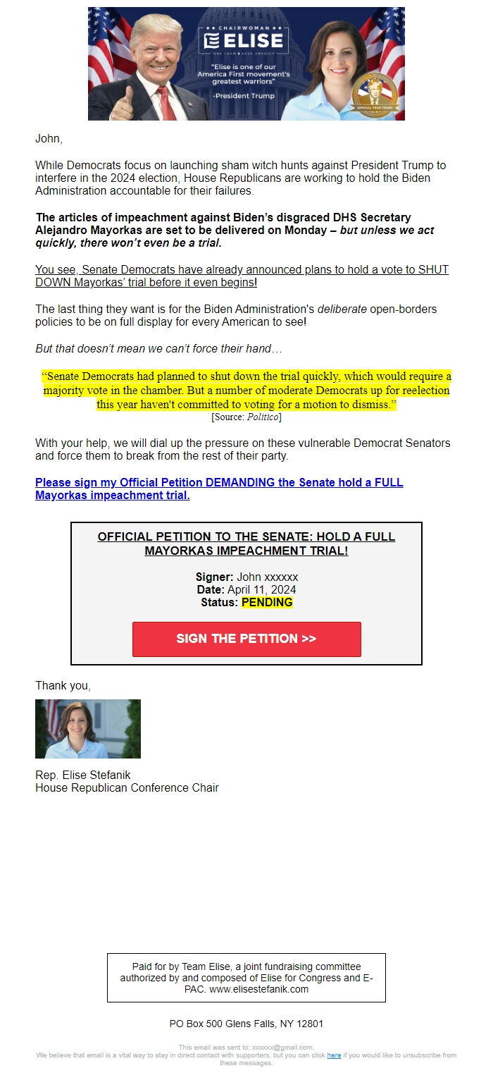 Screenshot of the email generated on import