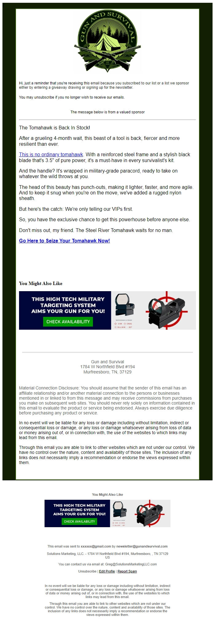 Screenshot of the email generated on import